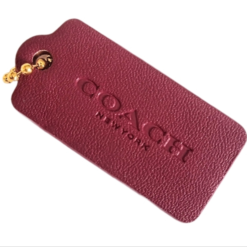 ๐ 1.75" Coach Gold Dark Red Smooth Leather Hangtag Bag Fob Charm Keychain - Picture 2 of 6